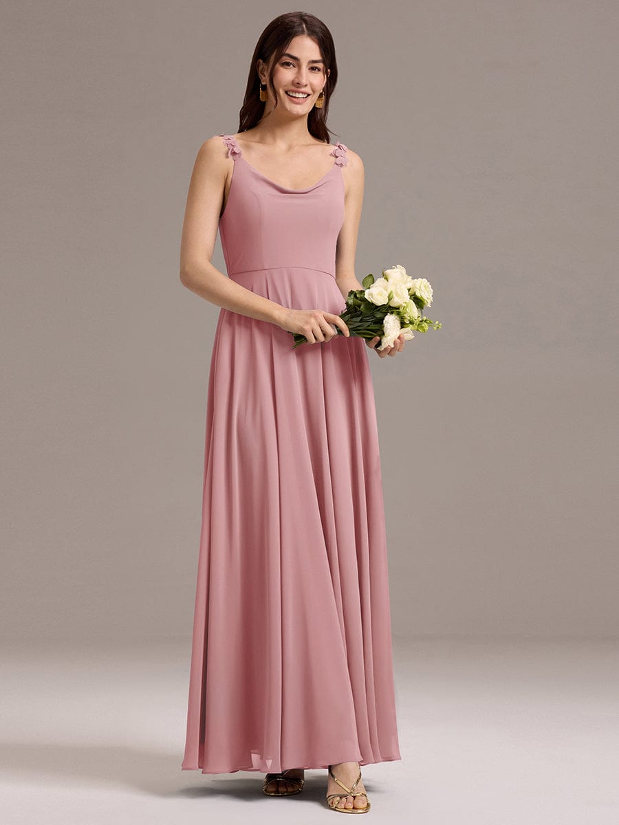 ZINNELLE|Flowy Chiffon Cowl Neck Backless A-Line Floral Strap Bridesmaid Dress