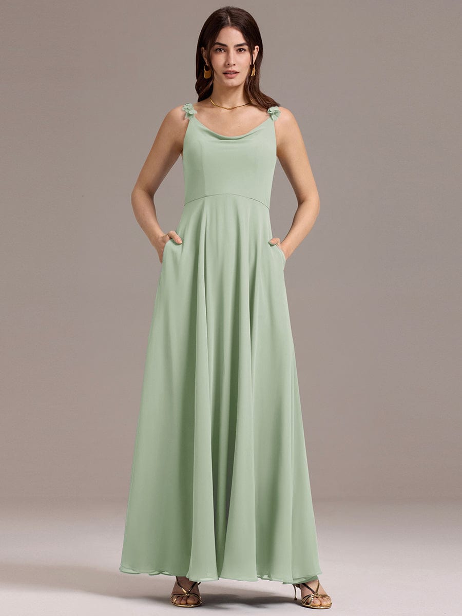 ZINNELLE|Flowy Chiffon Cowl Neck Backless A-Line Floral Strap Bridesmaid Dress