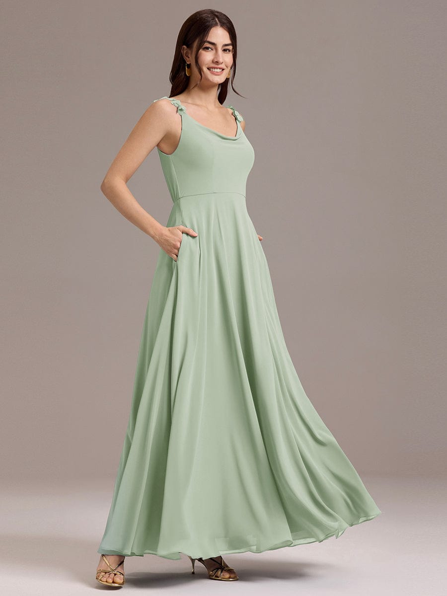 ZINNELLE|Flowy Chiffon Cowl Neck Backless A-Line Floral Strap Bridesmaid Dress