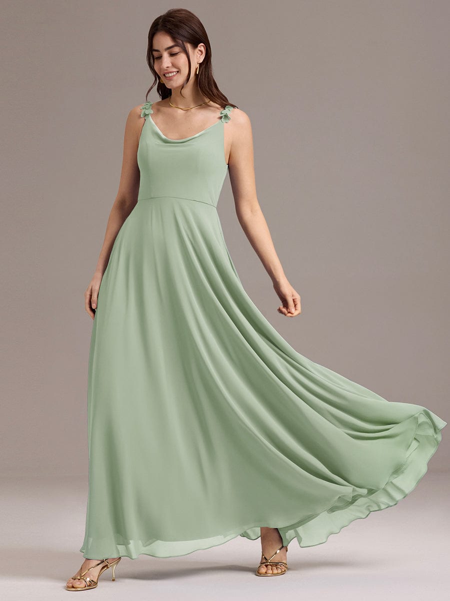 ZINNELLE|Flowy Chiffon Cowl Neck Backless A-Line Floral Strap Bridesmaid Dress