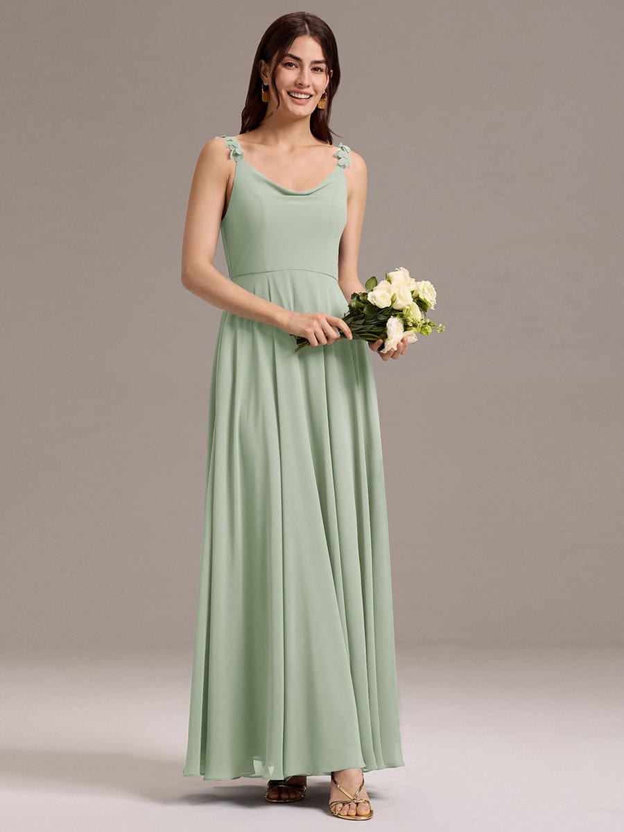 ZINNELLE|Flowy Chiffon Cowl Neck Backless A-Line Floral Strap Bridesmaid Dress