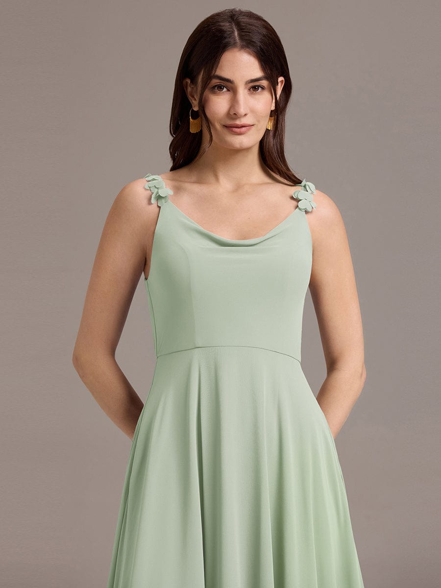 ZINNELLE|Flowy Chiffon Cowl Neck Backless A-Line Floral Strap Bridesmaid Dress