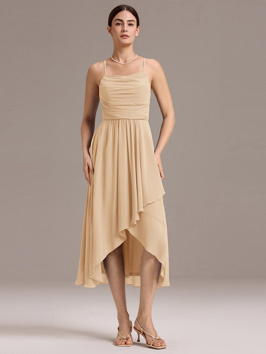 ARLYS|Asymmetrical Hem Strappy Chiffon A-Line Backless Bridesmaid Dress