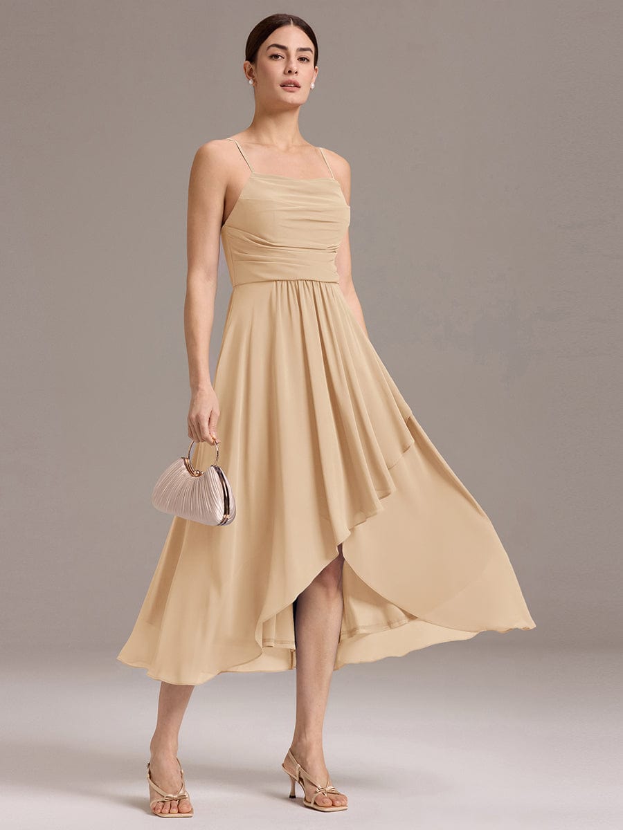 ARLYS|Asymmetrical Hem Strappy Chiffon A-Line Backless Bridesmaid Dress