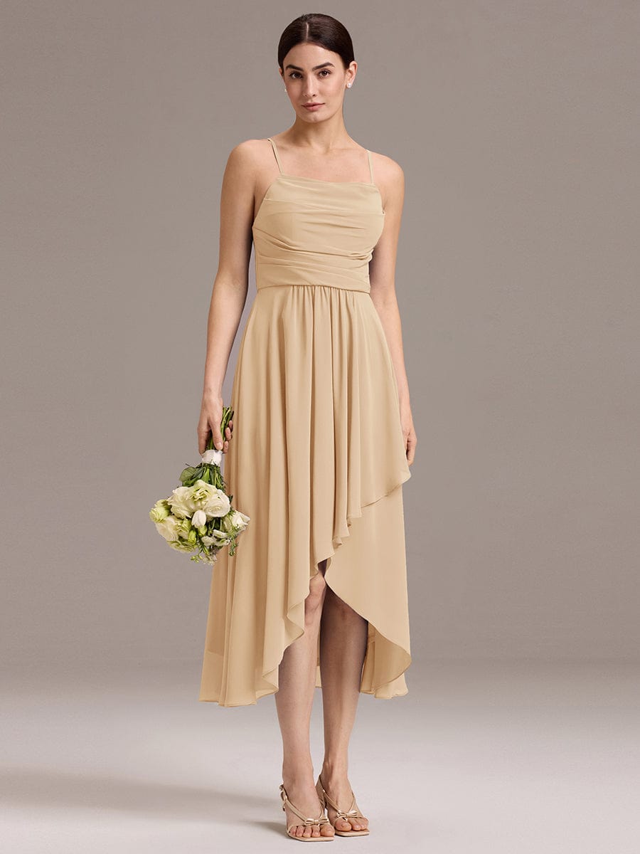 ARLYS|Asymmetrical Hem Strappy Chiffon A-Line Backless Bridesmaid Dress