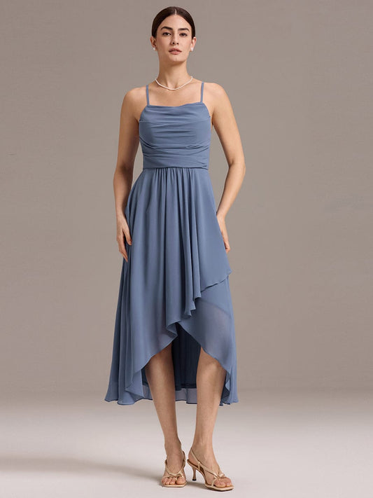 ARLYS|Asymmetrical Hem Strappy Chiffon A-Line Backless Bridesmaid Dress