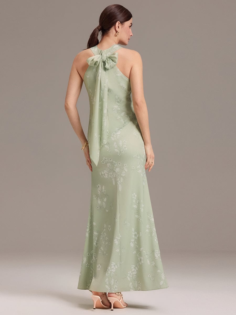 AZALEIA|Elegant Cross Halter Neck Floral Satin Bridesmaid Dress with Bow Back