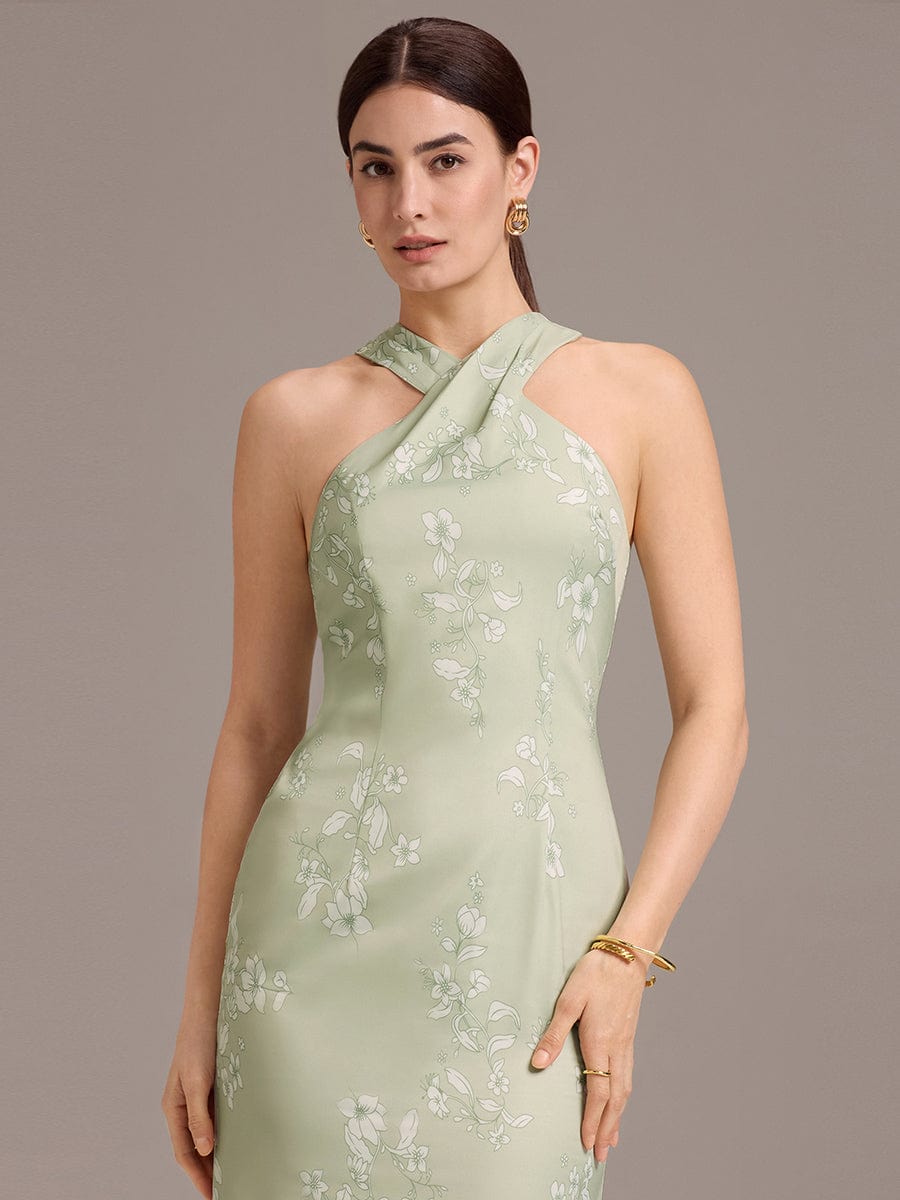AZALEIA|Elegant Cross Halter Neck Floral Satin Bridesmaid Dress with Bow Back
