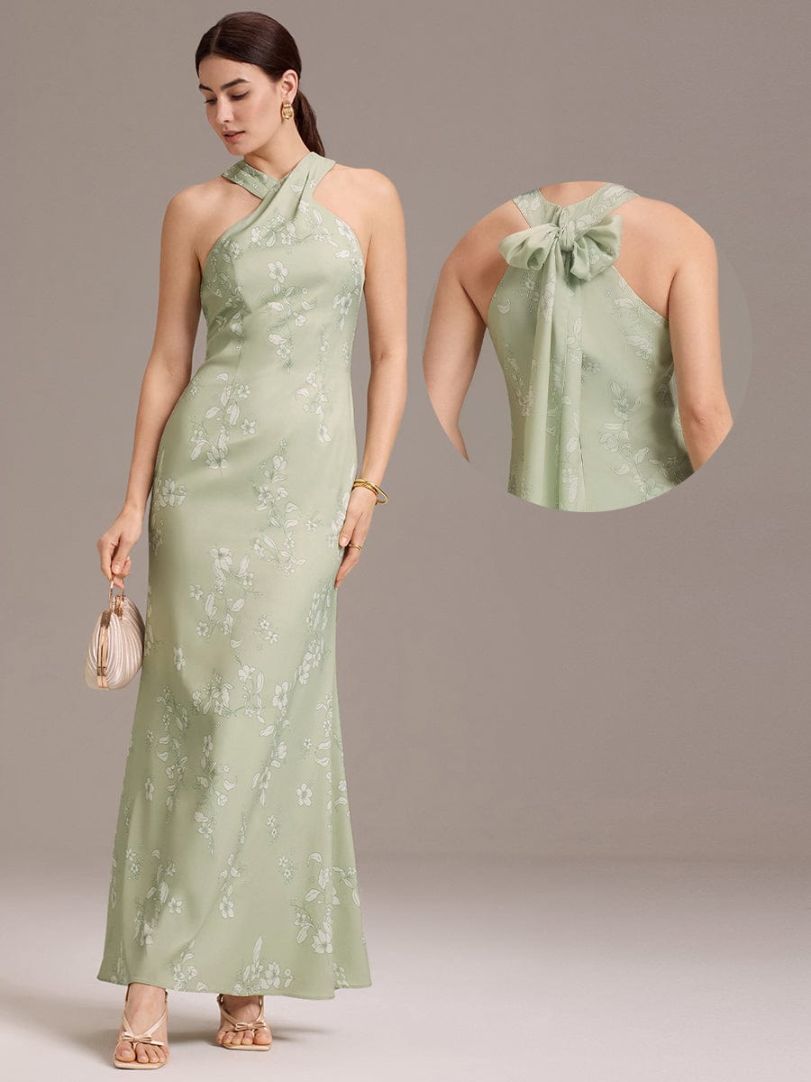 AZALEIA|Elegant Cross Halter Neck Floral Satin Bridesmaid Dress with Bow Back