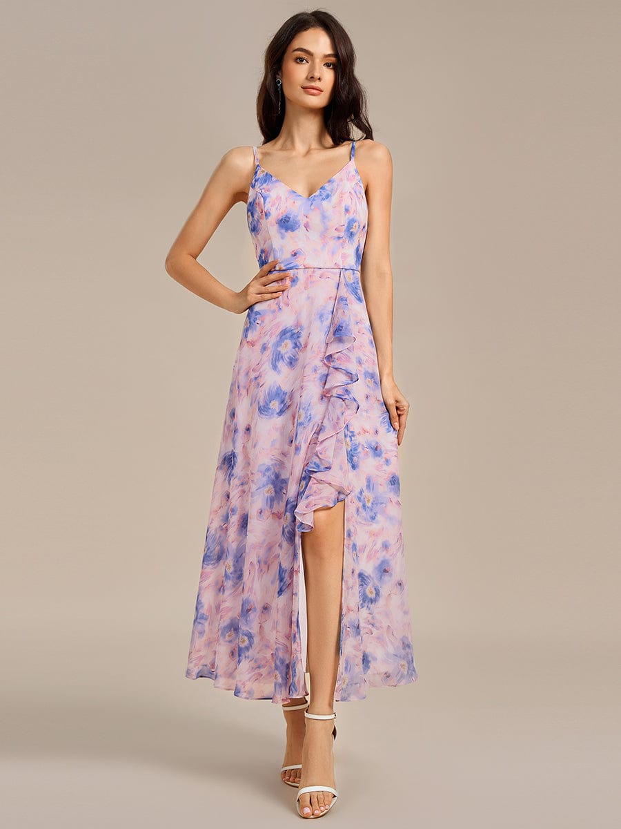 RUE|Ruffled Floral V-Neck A-line Maxi Side split Bridesmaid Dress