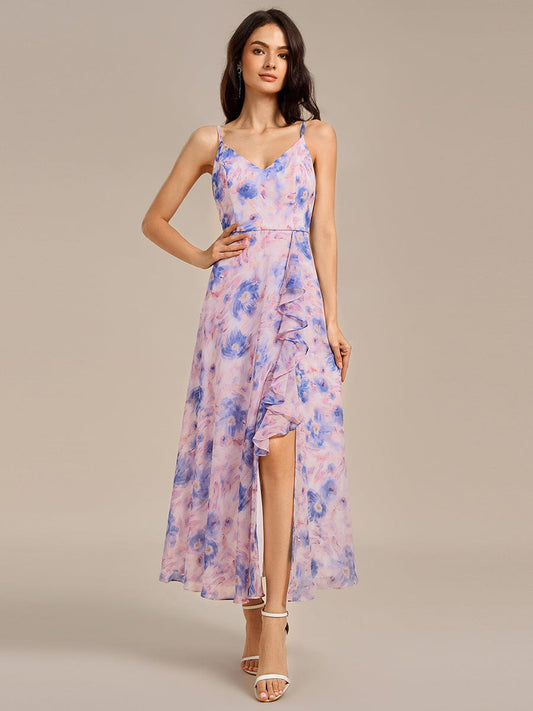 RUE|Ruffled Floral V-Neck A-line Maxi Side split Bridesmaid Dress
