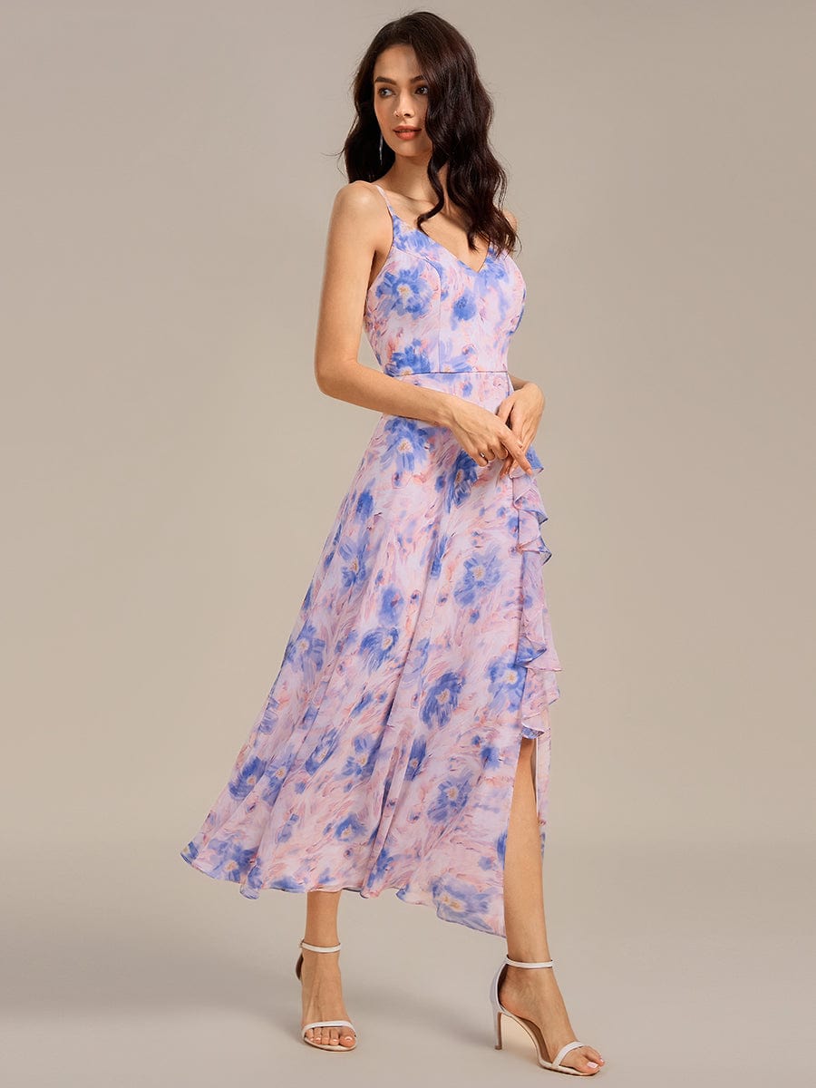 RUE|Ruffled Floral V-Neck A-line Maxi Side split Bridesmaid Dress
