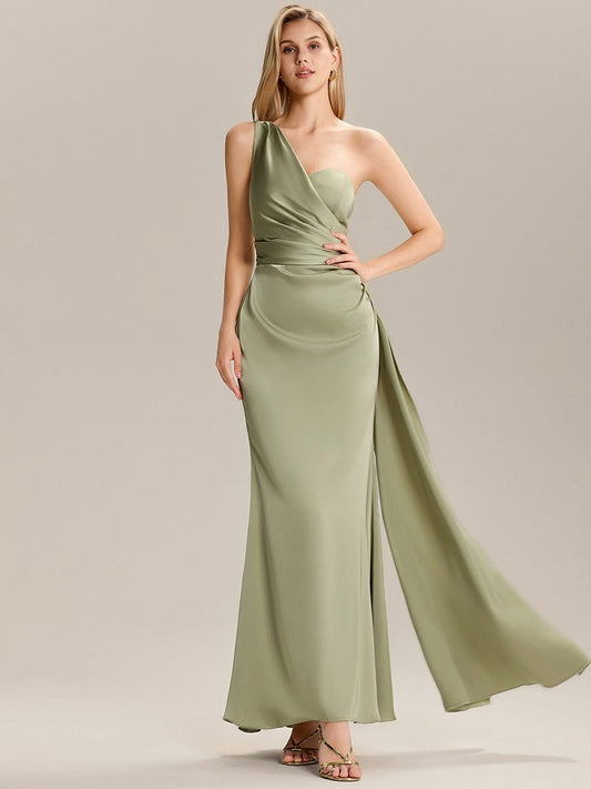 ARLENNA|Flowing Ribbons Pleated Satin Sleeveless Bridesmaid Dress