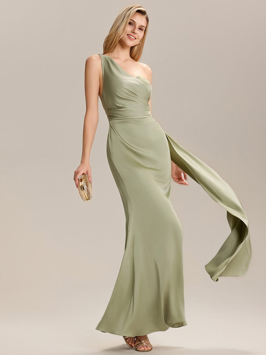 ARLENNA|Flowing Ribbons Pleated Satin Sleeveless Bridesmaid Dress