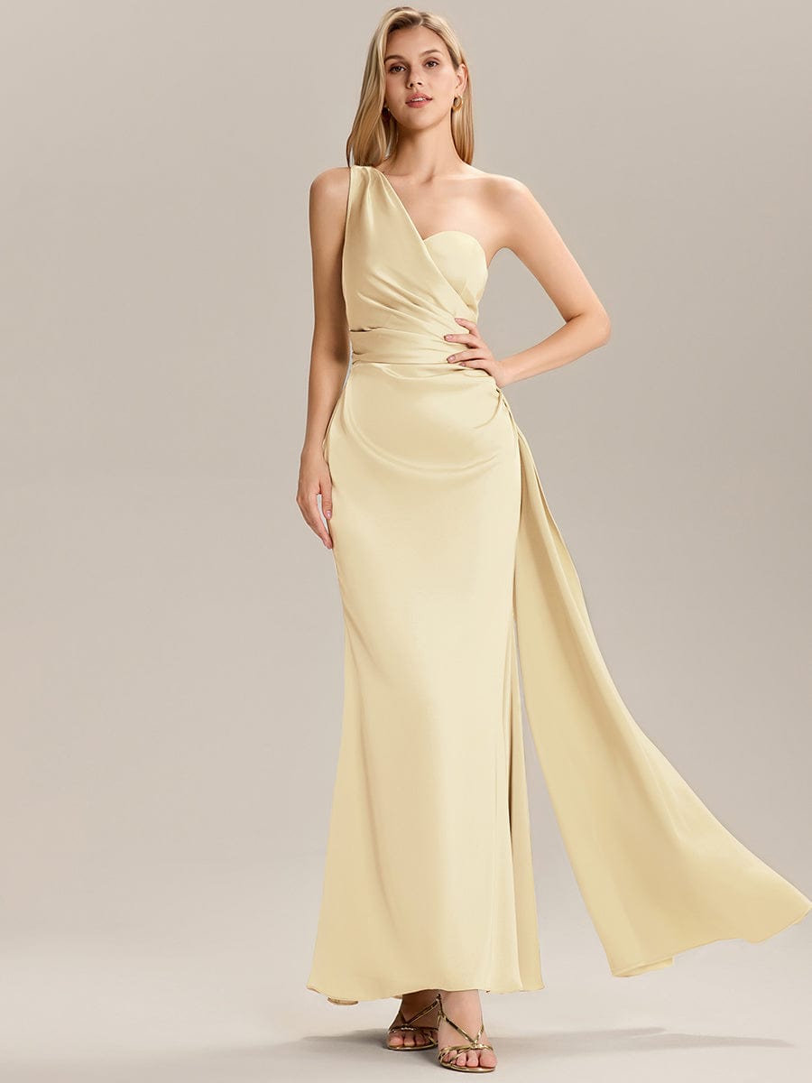 ARLENNA|Flowing Ribbons Pleated Satin Sleeveless Bridesmaid Dress