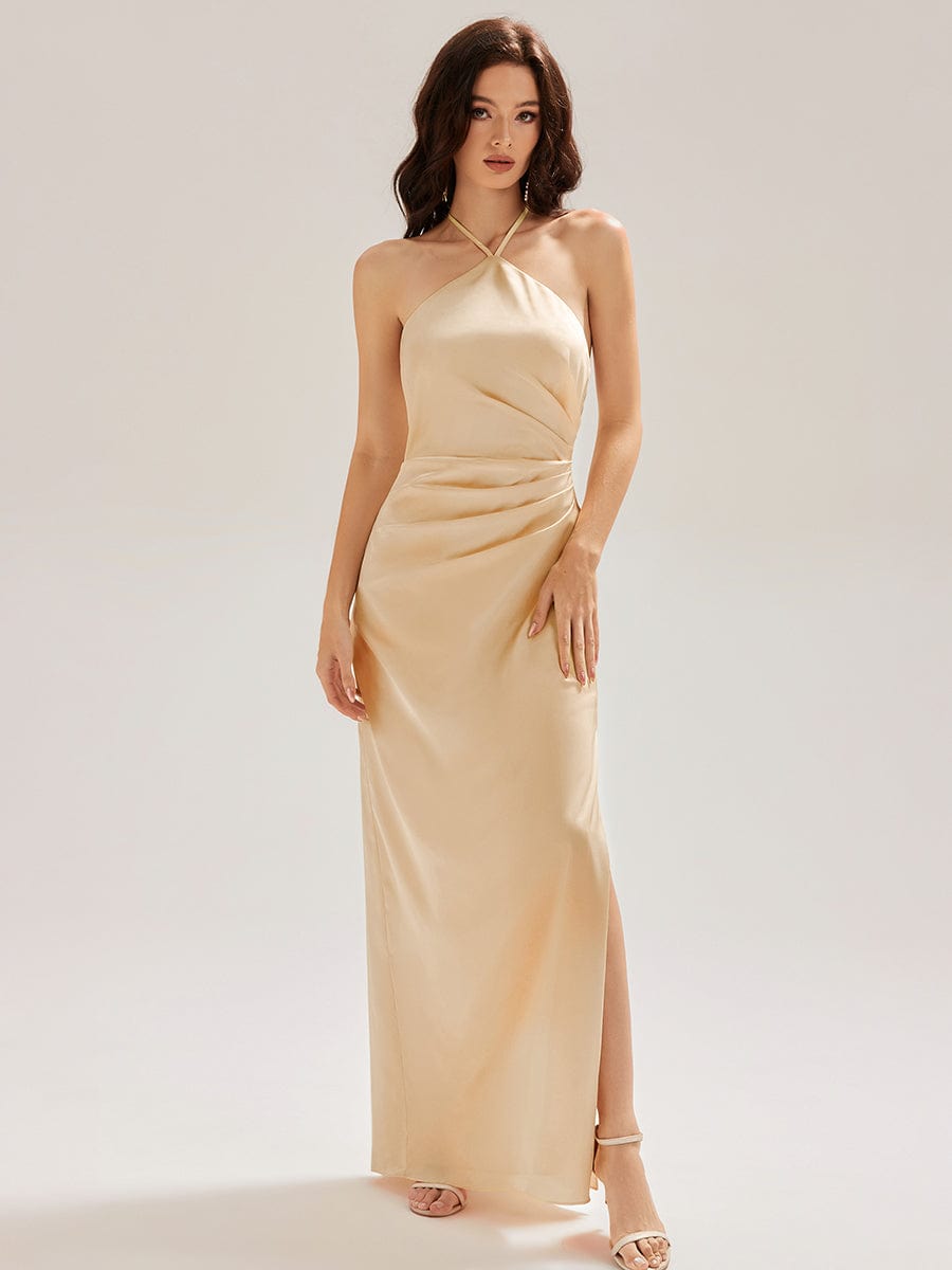 ELYS|Satin Halter Backless Maxi Mermaid Bridesmaid Dress