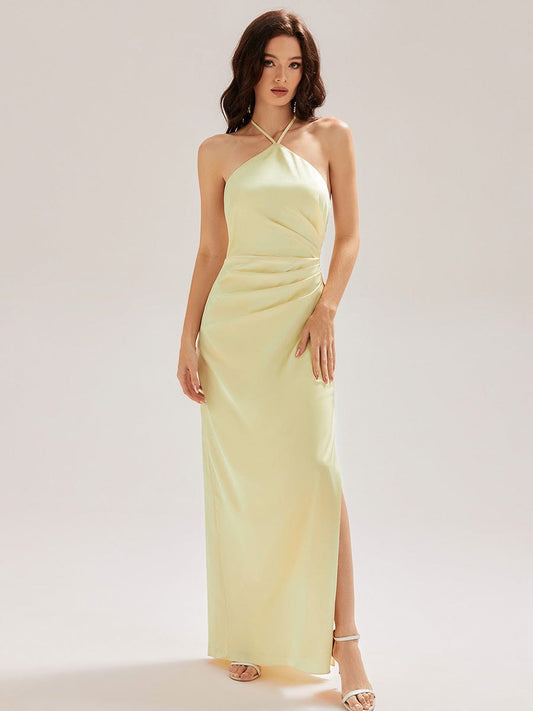 ELYS|Satin Halter Backless Maxi Mermaid Bridesmaid Dress