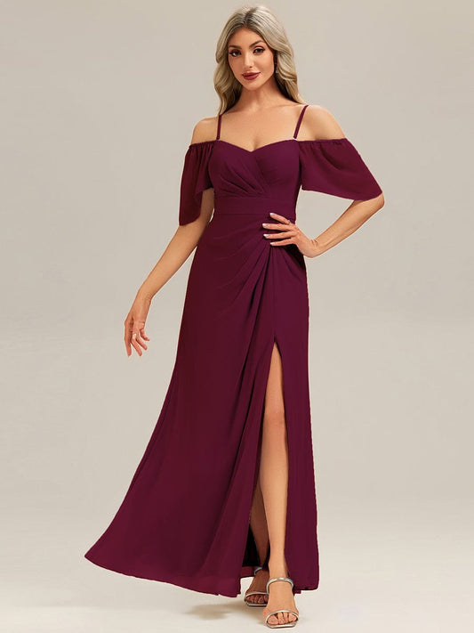 ARWEN|Thigh-High Slit Chiffon Ruffle Sleeve Bridesmaid Dress