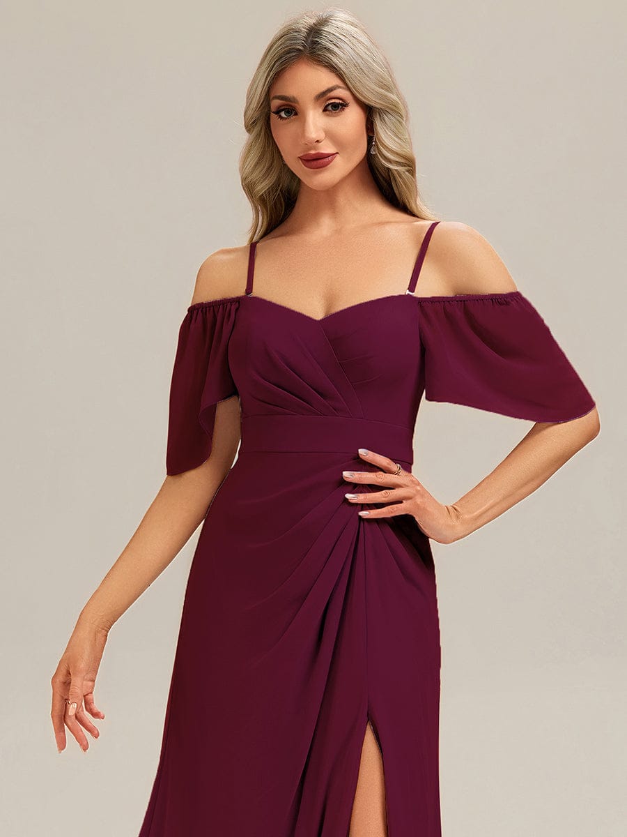 ARWEN|Thigh-High Slit Chiffon Ruffle Sleeve Bridesmaid Dress