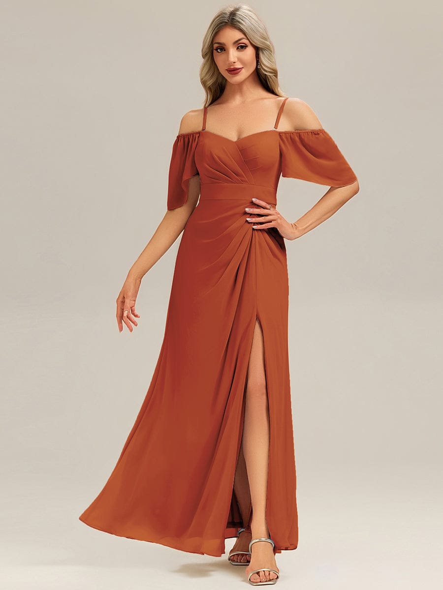 ARWEN|Thigh-High Slit Chiffon Ruffle Sleeve Bridesmaid Dress