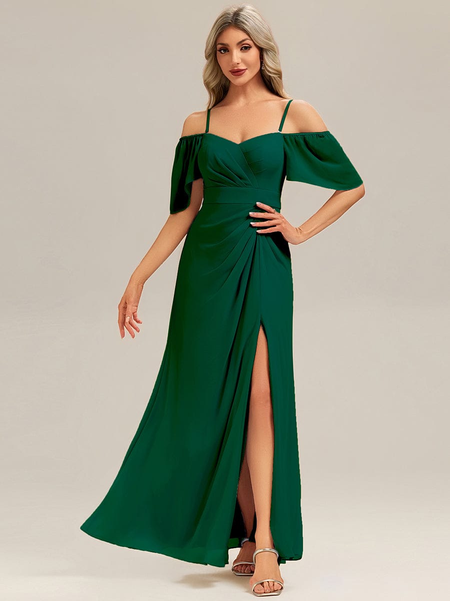 ARWEN|Thigh-High Slit Chiffon Ruffle Sleeve Bridesmaid Dress