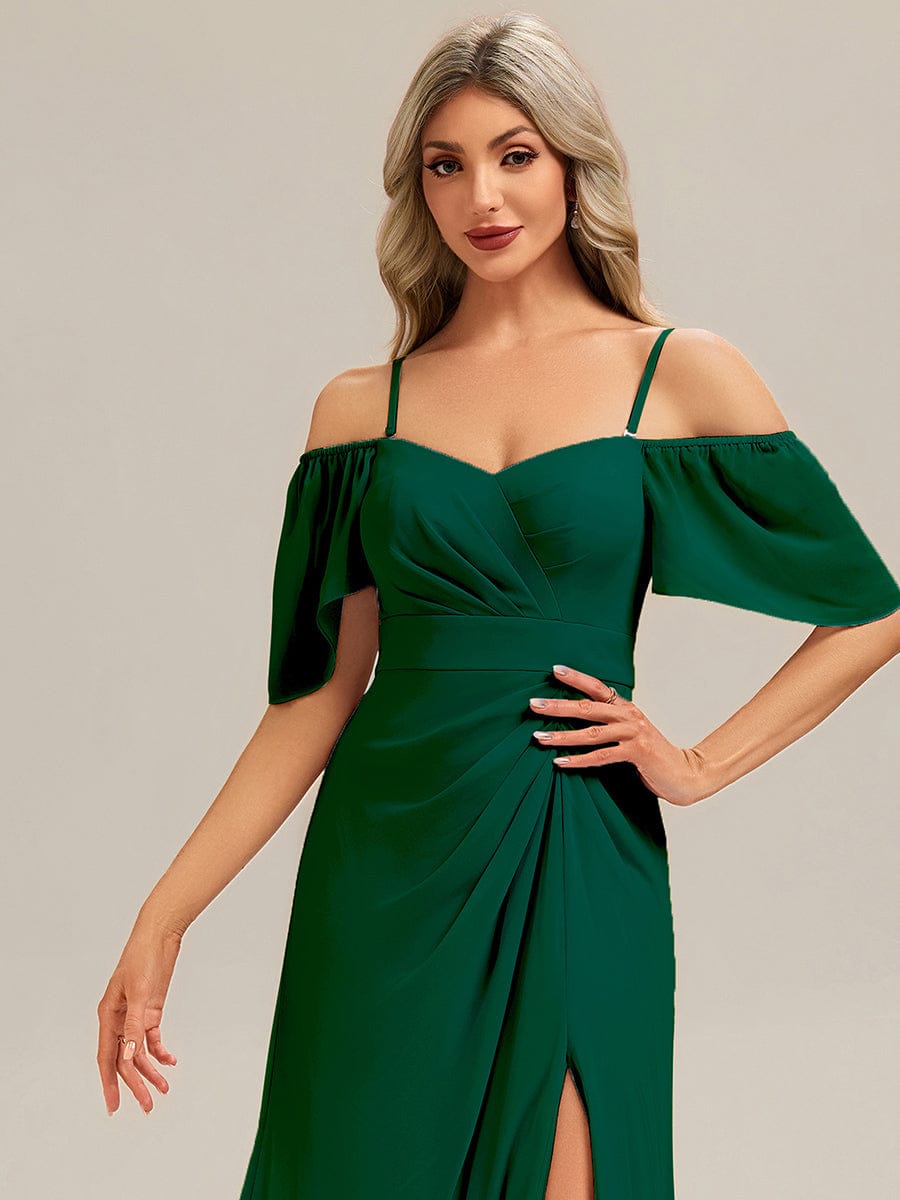 ARWEN|Thigh-High Slit Chiffon Ruffle Sleeve Bridesmaid Dress