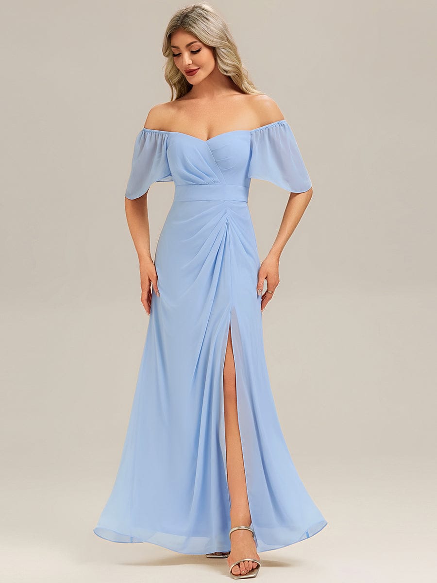 ARWEN|Thigh-High Slit Chiffon Ruffle Sleeve Bridesmaid Dress