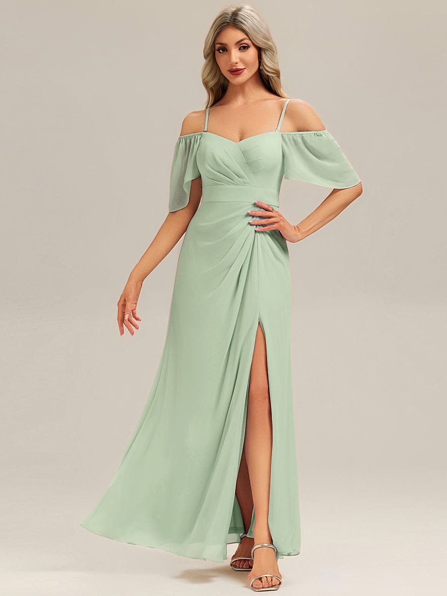 ARWEN|Thigh-High Slit Chiffon Ruffle Sleeve Bridesmaid Dress