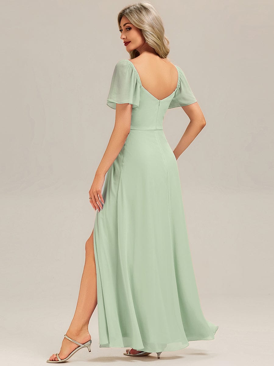 ARWEN|Thigh-High Slit Chiffon Ruffle Sleeve Bridesmaid Dress