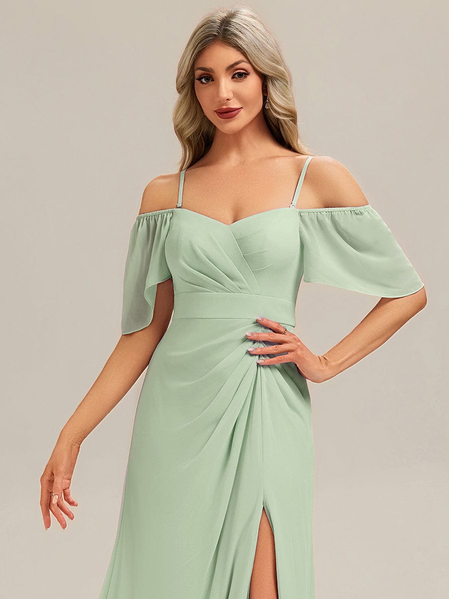 ARWEN|Thigh-High Slit Chiffon Ruffle Sleeve Bridesmaid Dress