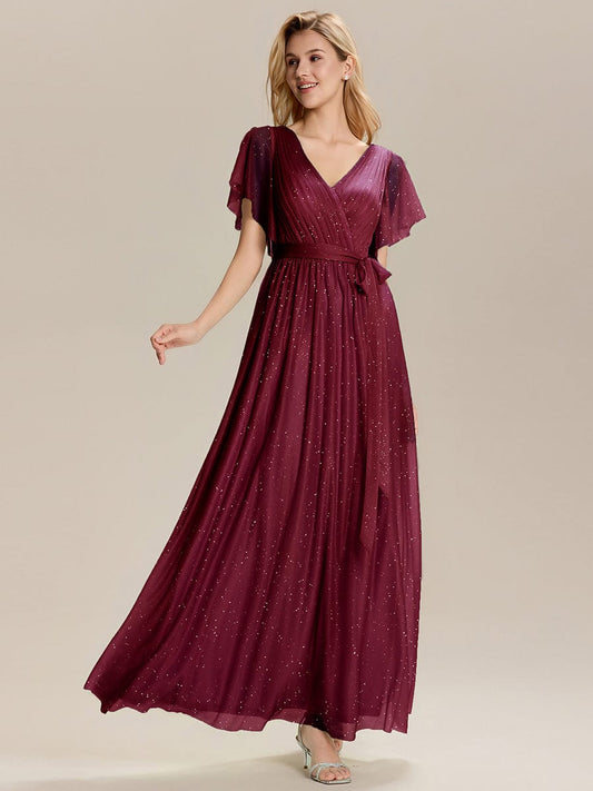 EMBERLY|Tie-Waist Ruffle Sleeve Maxi Bridesmaid Dress