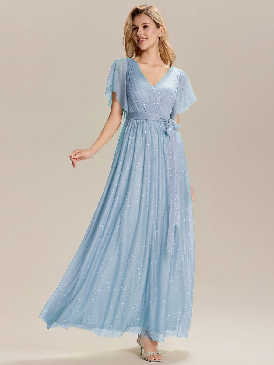 EMBERLY|Tie-Waist Ruffle Sleeve Maxi Bridesmaid Dress