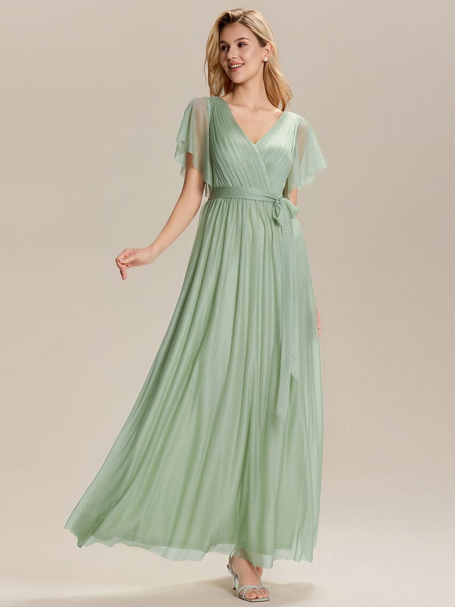 EMBERLY|Tie-Waist Ruffle Sleeve Maxi Bridesmaid Dress