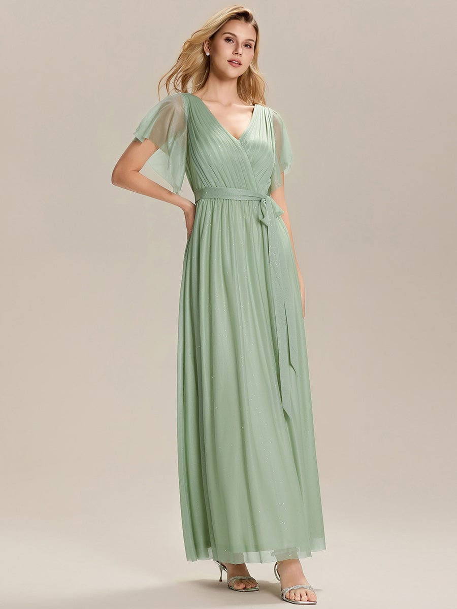 EMBERLY|Tie-Waist Ruffle Sleeve Maxi Bridesmaid Dress