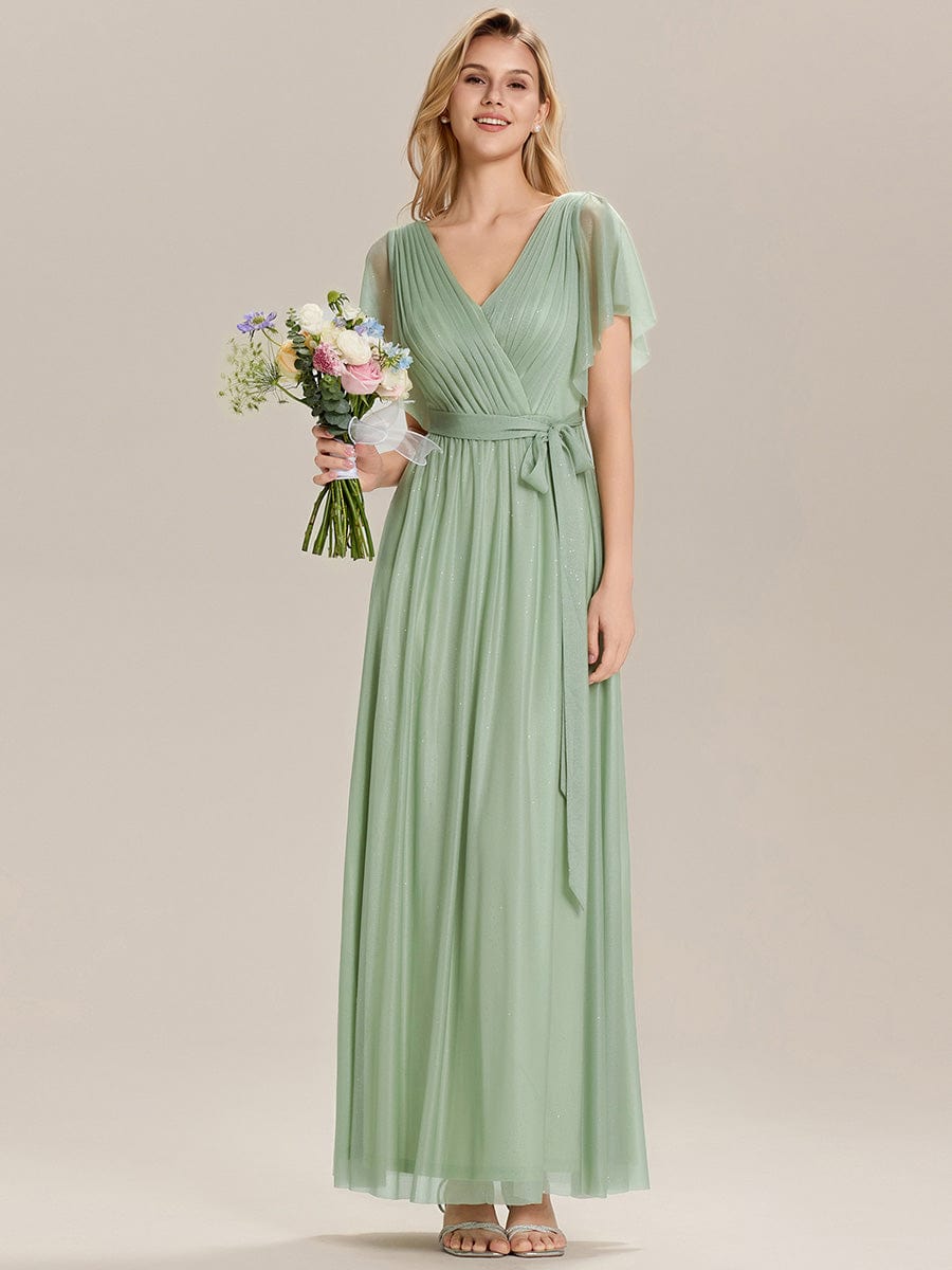 EMBERLY|Tie-Waist Ruffle Sleeve Maxi Bridesmaid Dress