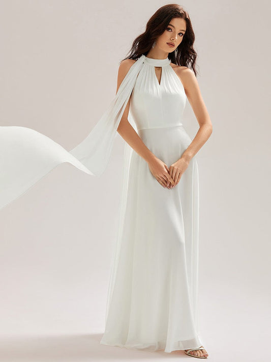 JULIE|Cut-Out Chiffon Maxi Bridesmaid Dress With Flowy Ribbons