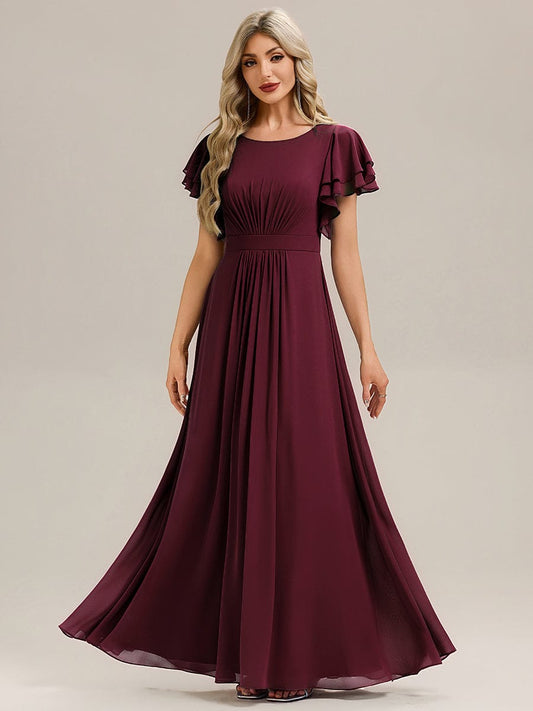 ELLIS|Ruffled Chiffon Ruffle Sleeve Bridesmaid Dress