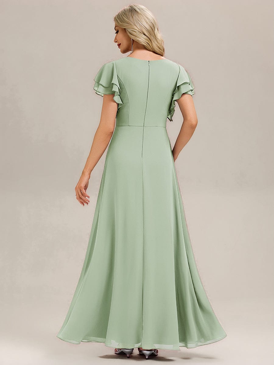 ELLIS|Ruffled Chiffon Ruffle Sleeve Bridesmaid Dress