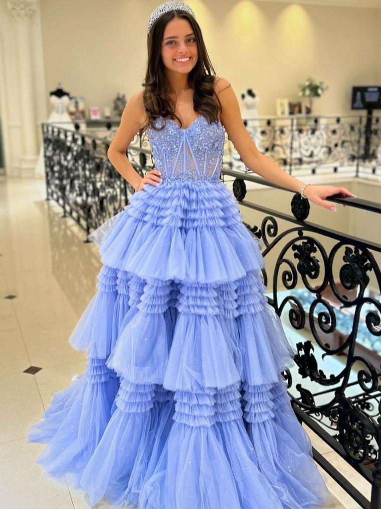Adelyn |A-Line Sweetheart Tiered Long Tulle Prom Dress