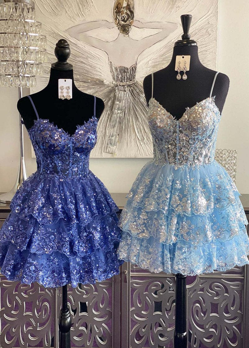 Reana | A- Line Sky Blue Sequins Multi-Layers Short Homecoming Dress