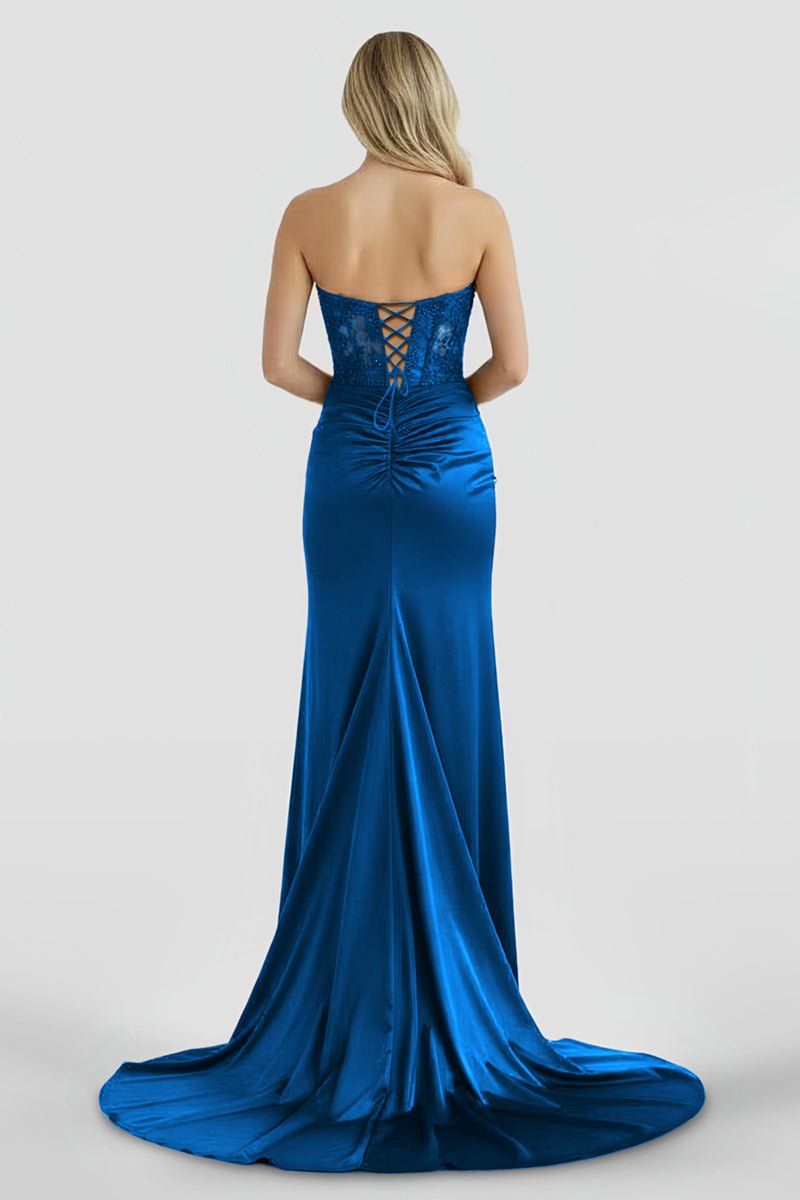 Aeth | Royal Blue Strapless Lace Mermaid Long Prom Dresses With Slit