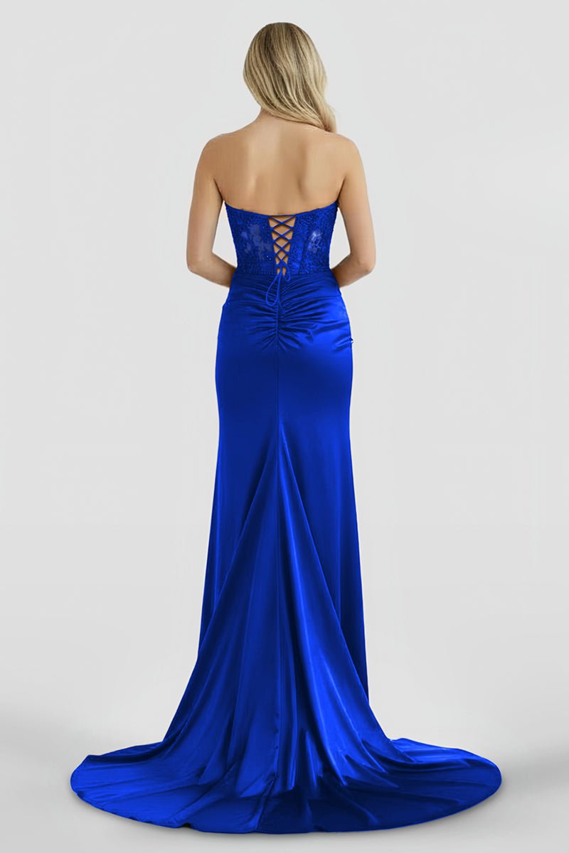 Aeth | Royal Blue Strapless Lace Mermaid Long Prom Dresses With Slit