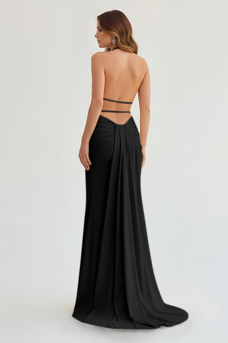 Alaric | Mermaid Deep V Neck Yellow Satin Long Prom Dresses with Slit