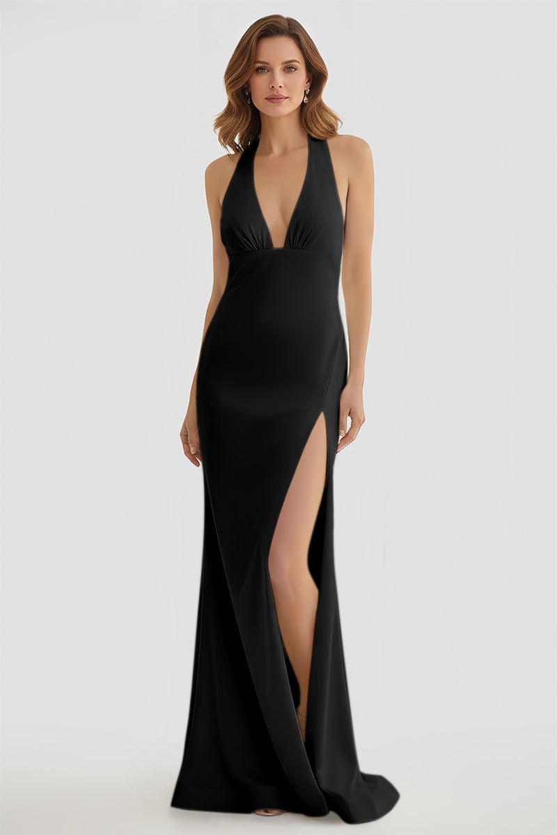 Alaric | Mermaid Deep V Neck Yellow Satin Long Prom Dresses with Slit