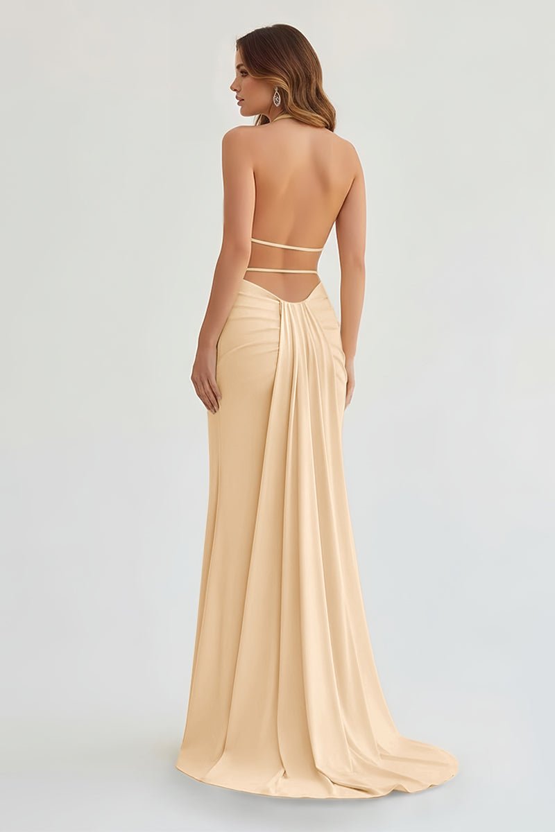 Alaric | Mermaid Deep V Neck Yellow Satin Long Prom Dresses with Slit