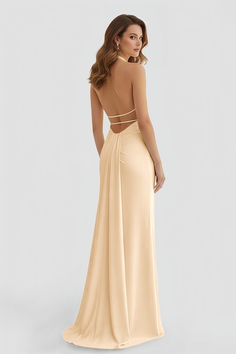 Alaric | Mermaid Deep V Neck Yellow Satin Long Prom Dresses with Slit