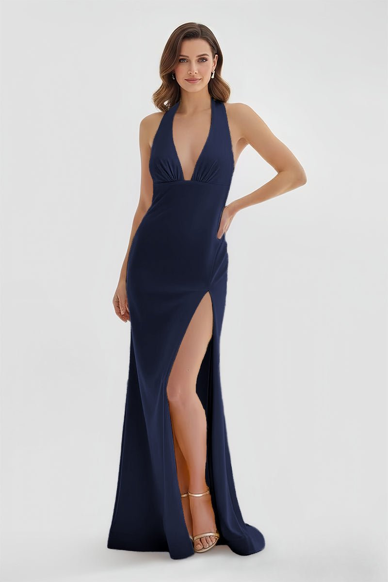 Alaric | Mermaid Deep V Neck Yellow Satin Long Prom Dresses with Slit