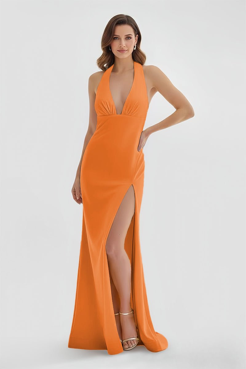 Alaric | Mermaid Deep V Neck Yellow Satin Long Prom Dresses with Slit