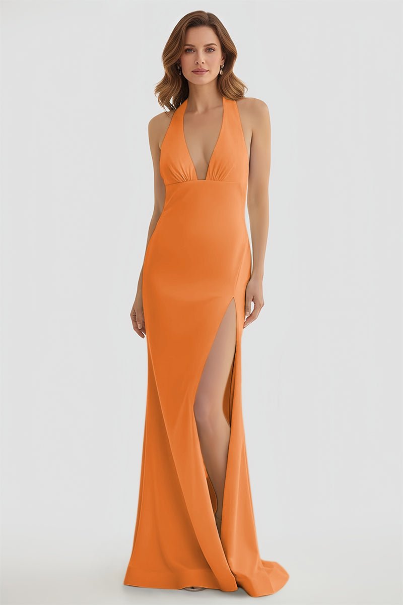 Alaric | Mermaid Deep V Neck Yellow Satin Long Prom Dresses with Slit