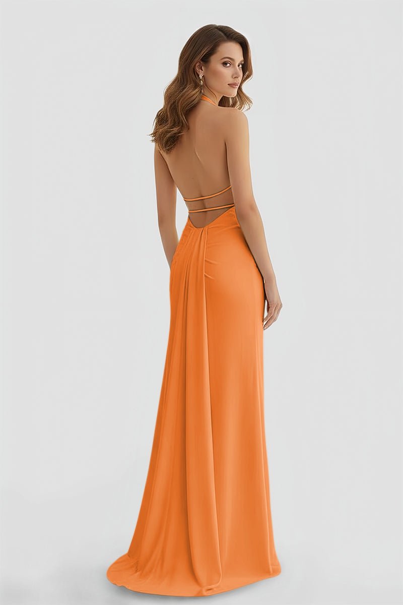 Alaric | Mermaid Deep V Neck Yellow Satin Long Prom Dresses with Slit